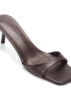 Brown leather high-heeled women's mule shoe with a square toe and minimalist strap design.