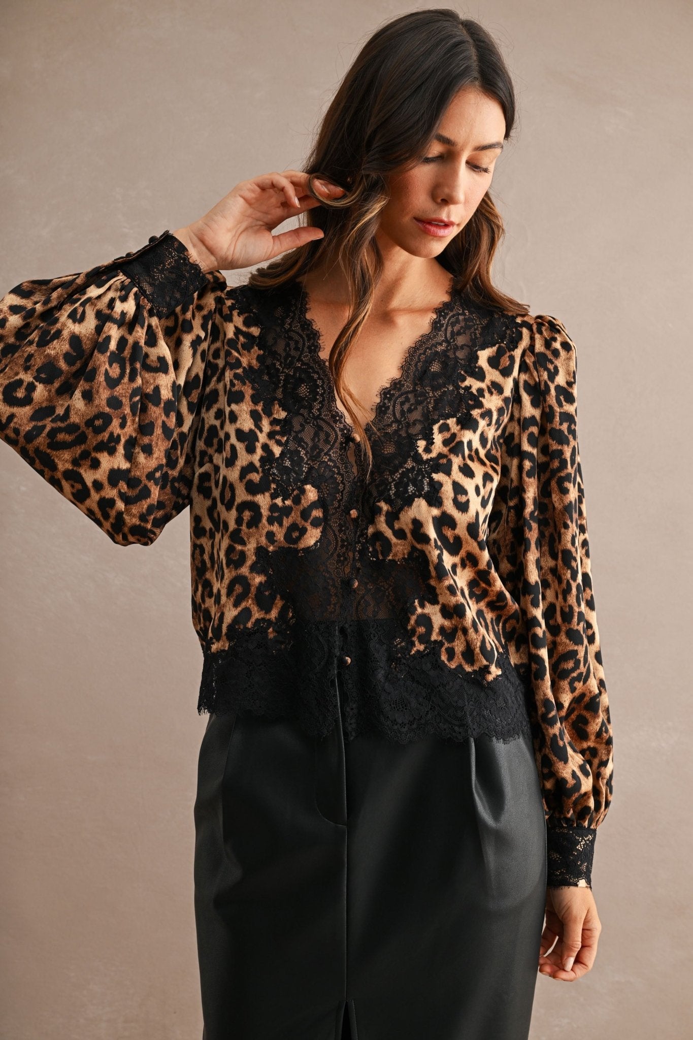 Leopard Lace Trim Blouse - Polkadots & Moonbeams LAPolkadots & MoonbeamsleopardSLeopard Lace Trim Blouse