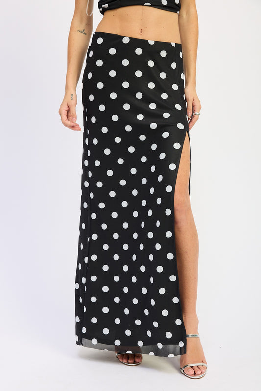 Mesh Slit Polkadots Maxi Skirt