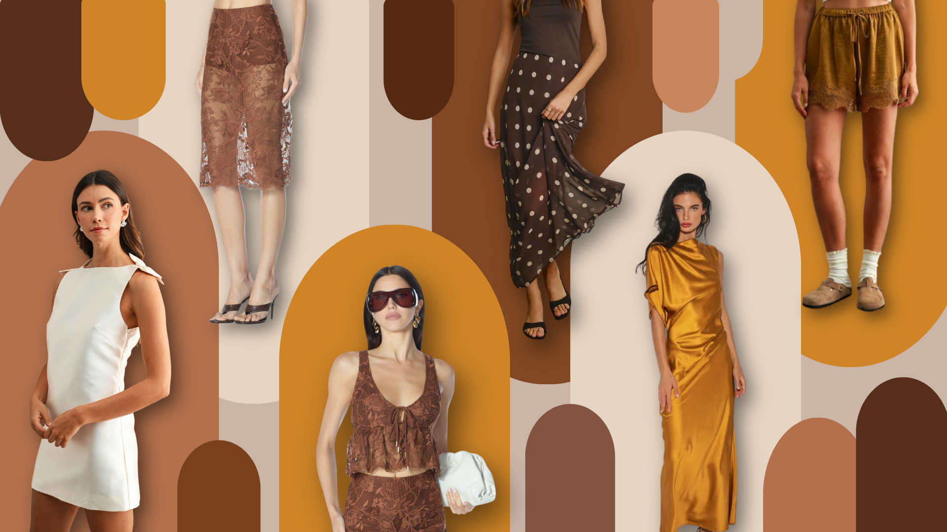 Women modeling various stylish outfits in neutral and brown tones against an abstract background for women's clothing.