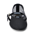 Black vegan fishnet Mary Jane ballet flat with buckle closure and padded insole for women’s clothing.