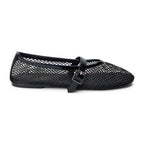 Black fishnet Mary Jane ballet flat with buckle closure and flat sole for women's clothing.