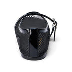 Black vegan Mary Jane ballet flat with fishnet textile upper and buckle closure for women’s clothing.