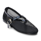 Black vegan fishnet Mary Jane flat with buckle closure and padded insole for women's clothing.