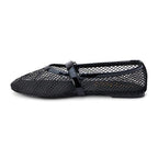 Black fishnet Mary Jane ballet flat with a glossy buckle strap and a low-profile sole for women