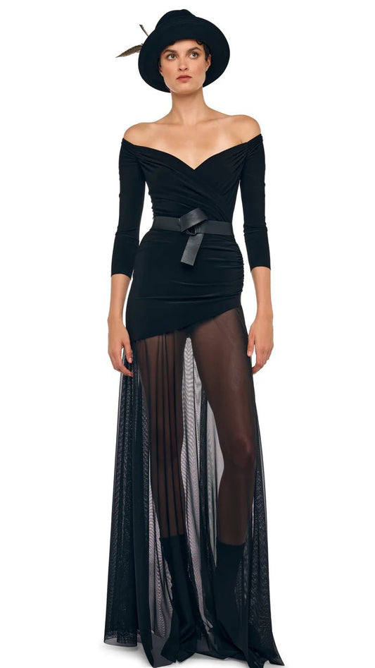 Off Shoulder Sweetheart Combo Flared Gown - From the brand Norma Kamali