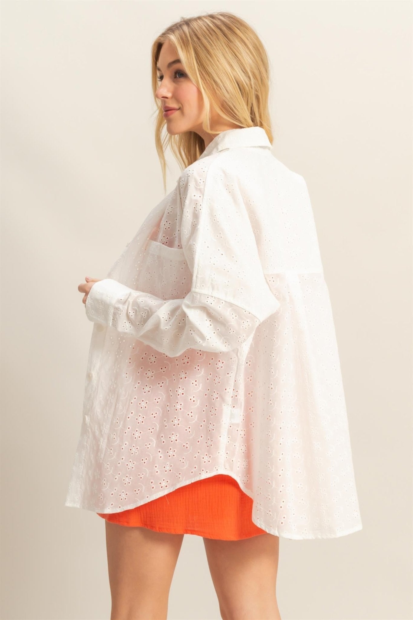 Oversized Eyelet BF Button Down - Polkadots & Moonbeams LAPolkadots & MoonbeamsWhiteSOversized Eyelet BF Button Down