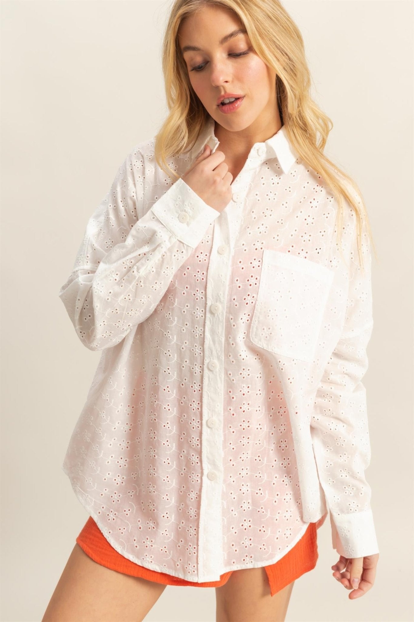 Oversized Eyelet BF Button Down - Polkadots & Moonbeams LAPolkadots & MoonbeamsWhiteSOversized Eyelet BF Button Down