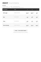Size chart for women's scoop neck tank top showing bust, waist, length, and bottom opening measurements in inches for S, M, and L sizes.
