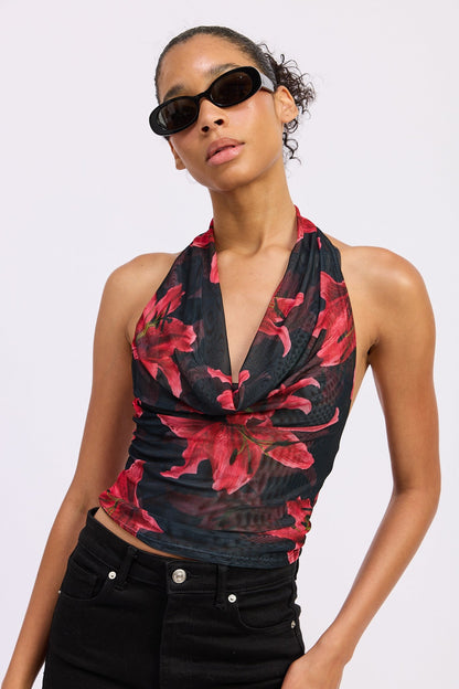 Sheer Stretch Mesh Halter - Polkadots & Moonbeams LAPolkadots & Moonbeamsblack floralSSheer Stretch Mesh Halter