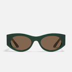 Green narrow oval women’s sunglasses with brown lenses and exposed inner core design