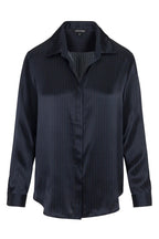 Women's long-sleeve black satin blouse with subtle pinstripe pattern and classic collar in women's clothing.