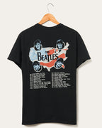 Black women's tee featuring vintage Beatles U.S. tour graphic with map and band member faces on back