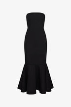 Black strapless women's dress with fitted bodice and flared trumpet hem, ideal for formal occasions.