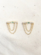 Gold vermeil earrings with baguette detail and delicate double chain drape for women's fashion accessory