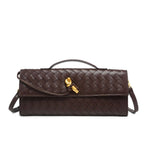 Dark brown leather clutch with woven pattern and gold clasp, stylish accessory for women's clothing.
