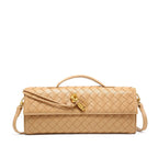 Tan woven leather clutch bag for women with gold-tone hardware and detachable strap