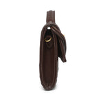 Side view of a slim dark brown woven leather clutch bag for women with gold hardware details