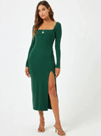 Woman wearing a long-sleeve green midi dress with square neckline and side slit in women's clothing fashion