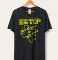 Black women's tee with yellow vintage-style ZZ Top rock band graphic and text design on front